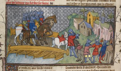 Royal 20 C. VII ، f.136v ممر نهر السين ، رسم توضيحي من "Chroniques de France ou de St. Denis" (رق) بواسطة المدرسة الفرنسية
