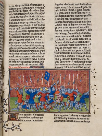 Royal 20 C. VII ، f.34 The Battle of Courtrai ، رسم توضيحي من "Chroniques de France ou de Saint Denis" (رق) بواسطة المدرسة الفرنسية