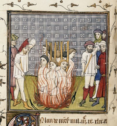 Royal 20 C. VII، f.44v Burning of Templars، illustration from "Chroniques de France ou de St. Denis" (vellum) بواسطة المدرسة الفرنسية