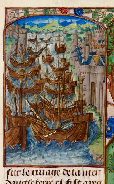 Royal 20 E. III ، fol.186v الأسطول الفرنسي هاجم في Sluys ، من 