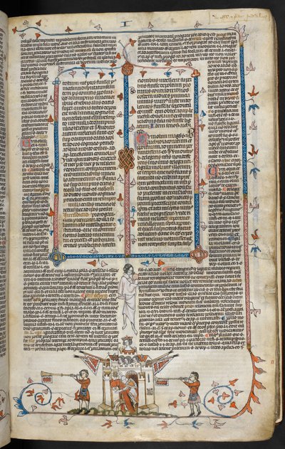 Royal MS 10 E IV f.66r ، مشهد سفلي لفارس مُركب يخرج من قلعة ، حوالي 1300-40 (قلم حبر وحبر وتمبرا على رق) بواسطة المدرسة الفرنسية