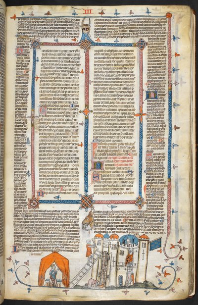 Royal MS 10 iv f.202r مهاجمة قلعة محصنة وزخرفة هامشية ، رسم توضيحي من "The Smithfield Decretals" (ورق) بواسطة المدرسة الفرنسية