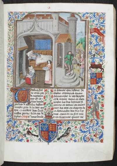 Royal MS 15 D I f.18r نساء يعتنين برجل مريض ، "Guyart des Moulins ، La Bible historyiale" ، حوالي 1470-1479 (حبر ولون وذهب على رق) بواسطة المدرسة الفرنسية