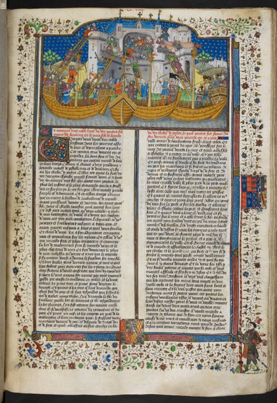 Royal MS 15 E VI، f.207 صورة مصغرة للسفن التي تحاصر كورونا ، من "قصائد ورومانسية" أو "كتاب تالبوت شروزبري" بواسطة المدرسة الفرنسية