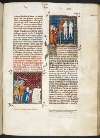 Royal MS 16 G. VI ، f.306r ، قتل تشارلز ، كونت فلاندرز شنق (لويس السادس ، الكتاب 20) ، من Les Grandes Chroniques de France بواسطة المدرسة الفرنسية