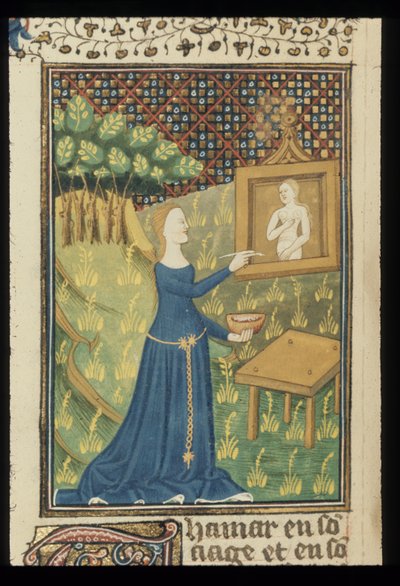 Royal MS 16 G V f.068v صفحة من De claris mulieribus بترجمة فرنسية مجهولة (Le livre de femmes nobles et renomées) بقلم جيوفاني بوكاتشيو ، حوالي 1440 (لون وذهب على ورق) بواسطة المدرسة الفرنسية