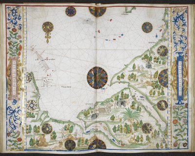 Royal MS 20 E IX f.11v to f.12r رسم بياني لسواحل آسيا وإفريقيا من كيب كومورين إلى رأس ديلجادو ، بما في ذلك الخليج الفارسي والبحر الأحمر ، من "بوك أوف إيدروغرافي" ("أطلس روتز") لجين روتز ، حوالي 1535-42 (حبر ، لون وذهب على ورق) بواسطة المدرسة الفرنسية