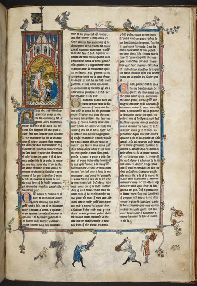 Royal Ms 14 e III f.140r هنري الثاني ملك إنجلترا مع كاتب ، رسم توضيحي من "قصة الكأس المقدسة ، البحث عن الكأس المقدسة ، مورت آرثر" ، حوالي 1315-25 (ورق) بواسطة المدرسة الفرنسية