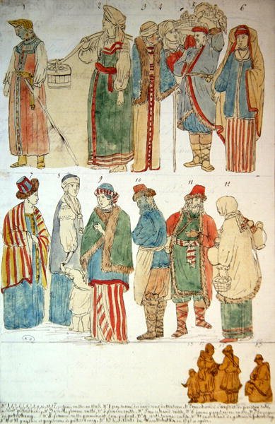 أزياء روسية ، حوالي 1792 (ألوان مائية على ورق) بواسطة المدرسة الفرنسية