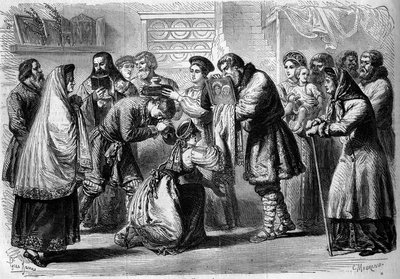 العرف الروسي - الزفاف - 1860: مراسم ما قبل الزفاف. العراب والعرابة يباركان الزواج في المستقبل. يقدم لهم الأب الروحي صورة المسيح أو العذراء رمز التكريس الديني. العرابة تحمل الخبز والملح فوق رأس بواسطة المدرسة الفرنسية