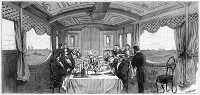 القطار الإمبراطوري الروسي الذي استخدمه دوق ودوقة إدنبرة عام 1874: عربة غرفة الطعام. نقش في "" Le Monde Illustré "" رقم 886 بتاريخ 6 أبريل 1874. بواسطة المدرسة الفرنسية