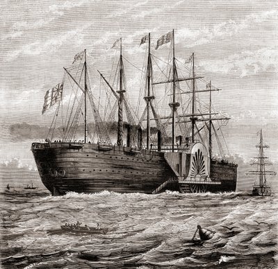 SS Great Eastern ، سفينة بخارية إبحار حديدية من تصميم Isambard Kingdom Brunel ، من Les Merveilles de la Science ، تم نشرها حوالي عام 1870 (نقش) بواسطة المدرسة الفرنسية
