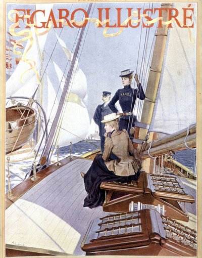 الإبحار: نساء على ظهر قارب - رسم "" مصور فيجارو "عام 1891 ، آرت ديكو. بواسطة المدرسة الفرنسية