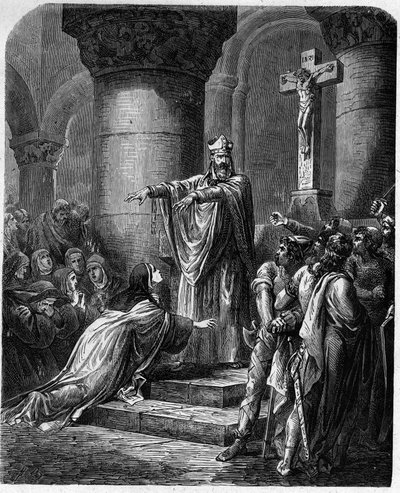 القديس ميدارد من نويون (توفي 560) يقدم الملابس الدينية للقديس راديغوندي (حوالي 520-587) زوجة الملك كلوثير. بواسطة المدرسة الفرنسية