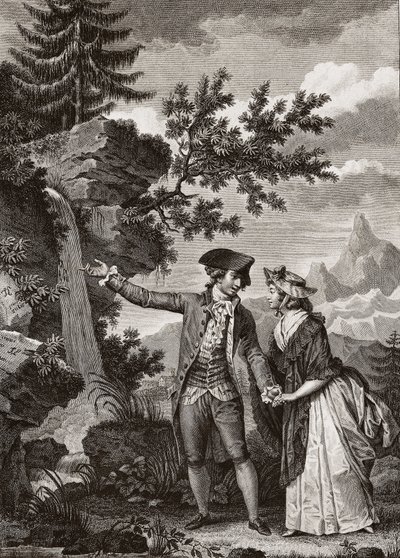 نقش سانت بريوكس وجولي عام 1793 لـ "Julie ou la nouvelle Heloise" للفيلسوف السويسري جان جاك (جان جاك) روسو (1712-1778) - جولي وسانت بريوكس ، رسم توضيحي من "La Nouvelle Heloise" بقلم جان جاك روسو (1712-78) (نقش) بواسطة المدرسة الفرنسية