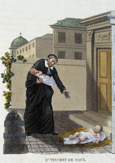 Saint Vincent de Paul welcoming abandoned children in front of the church. بواسطة المدرسة الفرنسية