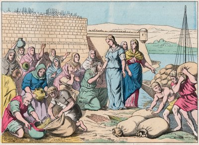 توزع Sainte Genevieve الطعام على الناس أثناء حصار باريس من قبل جيش Huns of Attila في 451 (الغزوات البربرية) - Sainte Genevieve وشعب باريس - نقش نهاية القرن التاسع عشر في "Nos Gires Nationales - صور بواسطة المدرسة الفرنسية