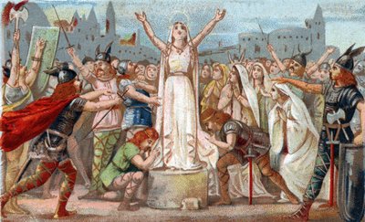 نظمت Sainte Genevieve الدفاع عن باريس ضد جحافل Huns of Attila وطمأن سكان باريس في 451. Chromolithography في أواخر القرن التاسع عشر. بواسطة المدرسة الفرنسية