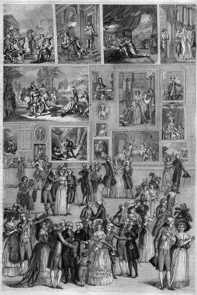 صالون 1787: منظر لصالون كاري بمتحف اللوفر خلال معرض الرسم في باريس. نقش مارتيني في "" The Picturesque Store "" بواسطة المدرسة الفرنسية