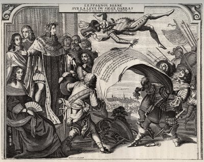 قصة رمزية ساخرة عن صعود حصار أراس عام 1654 بعد تتويج لويس الرابع عشر (1638-1715). أسفل اليسار تظهر الملكة آن ملكة النمسا (1601-1666). يقف بجانب لويس الرابع عشر وعلى يسار الملك الكاردينال جول مازارين (1602-1661). إنجرافي بواسطة المدرسة الفرنسية