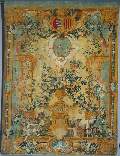 لوحة Savonnerie: Spring with Coat of Arms ، مصنع Savonnerie Factory ، فرنسا ، قبل 1717 بواسطة المدرسة الفرنسية
