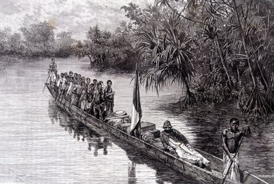 Savorgnan of Brazza في زورق في pandanus في غرب إفريقيا - في "" Tour du Monde "، الأسبوع الثاني 1887 بواسطة المدرسة الفرنسية