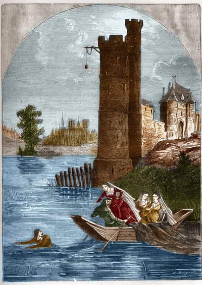 فضيحة برج نيسل: نجح بوريدان في الهروب من برج نيسلي في باريس عام 1314 على الرغم من الكمين الذي نصبته الملكة مارغريت من بورغندي (1290-1315). نقش في "تاريخ الدعارة والفاسق في ليه peuples du g بواسطة المدرسة الفرنسية