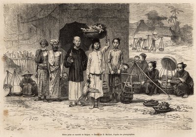 مشهد دو مارش دي سايجون ، نقش بعد رسم دي ميلارد ، يوضح الرحلة إلى كوتشينشين ، للدكتور موريس ، في عام 1872 ، نُشر في "" Le tour du monde "" 1875 ، حرره إدوارد شارتون ، طبعة Hachette ، باريس. مجموعة سيلفا. بواسطة المدرسة الفرنسية