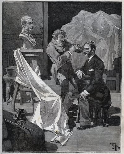 النحت ، ورشة عمل نحات ، بؤرة ونحت تمثال نصفي. نقش من عام 1880 في "" Les Arts et metiers Illustres "" لأدولف بيتارد. بواسطة المدرسة الفرنسية