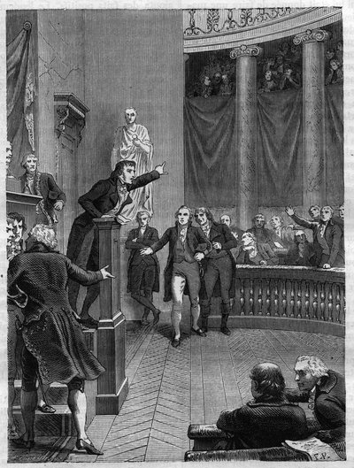 Seance du Tribunat: خطاب بنجامين كونستانت (1767-1830) في المنبر يندد بالنظام الذي وضعه نابليون ، يناير 1800 - نقش عام 1865 في "" تاريخ القنصلية والإمبراطورية "بقلم لويس أدولف تيير - السياسي الفرنسي بنيامين ثابت بواسطة المدرسة الفرنسية