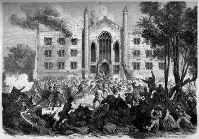 حرب الانفصال أو الحرب الأهلية الأمريكية (1861-1865) - نيويورك - يوليو 1863: معارضة التجنيد الإجباري ، أشعل التمرد النار في ملجأ الأيتام الملونين في مدينة نيويورك خلال "أعمال شغب دراف". نقش في "" Le Monde Illustré "" رقم 331 بت بواسطة المدرسة الفرنسية