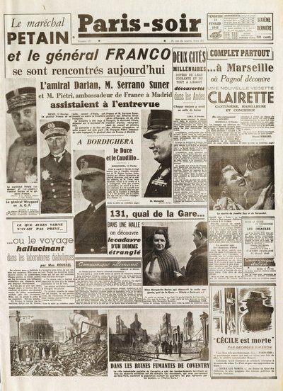 الحرب العالمية الثانية (1939-1945) - الحرب العالمية الثانية (الحرب العالمية الثانية أو الحرب العالمية الثانية): مصدر باريس [لا. 237] بتاريخ 14/2/1941 لقاء بين مارشال بيتين والجنرال فرانكو. بواسطة المدرسة الفرنسية