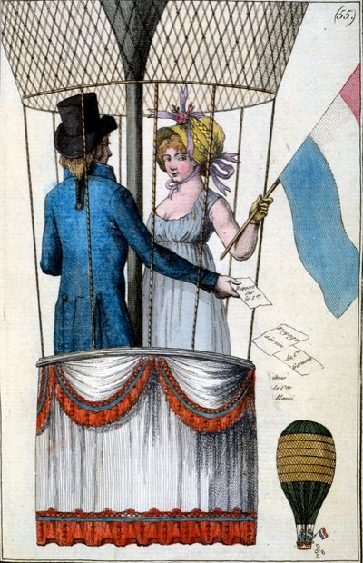 الرحلة الثانية من Garnerin مع Citoyenne Henri من Parc Monceau ، 8 يوليو 1798 ، من Costumes Parisiens ، c.1798 بواسطة المدرسة الفرنسية