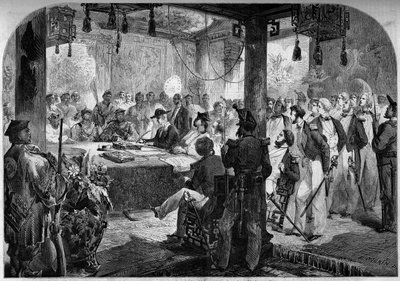 حرب الأفيون الثانية بين فرنسا وإنجلترا والصين (1858-1860) - توقيع معاهدة تيانجين (تينتسين) عام 1858: سفيرا إنجلترا وفرنسا اللورد إلجين (جيمس بروس) بواسطة المدرسة الفرنسية
