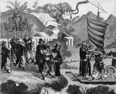 حرب الأفيون الثانية بين فرنسا وإنجلترا والصين (1858-1860): رسم كاريكاتوري صيني للصراع. قارب جاهز للاقتراب من الساحل تحت أنظار مجموعة من الصينيين الساخرة. على متن القارب ، شخصيتان تمثلان فرنسا (يسار) وإنجل بواسطة المدرسة الفرنسية