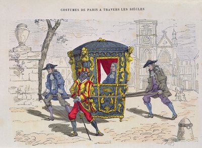 كرسي سيدان في القرن السادس عشر ، من Costumes de Paris a Travers les Siecles ، تم نشره عام 1887 (نقش الألوان) بواسطة المدرسة الفرنسية