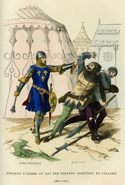 رقيب في سلاح ملك الرباود (زعيم الميليشيا غير النظامية التي أسسها فيليب أوغست حوالي عام 1189 (أو فيليب الثاني ملك فرنسا 1165-1223) ، ولديه وظائف شرطية معينة) قام باعتقال السارق (1290 إلى 1330). نقش بالألوان في "فرنسا بواسطة المدرسة الفرنسية