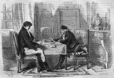 رواية المسلسل: "" غني وفقير "للكاتب إميل سوفستر (1806-1854). رجلان يتحدثان: "التورع لم يعذب أحداً قط". نقش في "" Les bons romances "" بواسطة المدرسة الفرنسية
