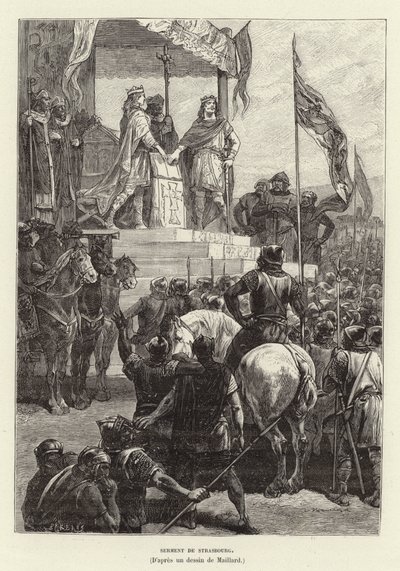 Serment de Strasbourg. Oaths of Strasbourg, the alliance between Louis the German and Charles the Bald, Kings of East and West Francia, 842 (engraving) بواسطة المدرسة الفرنسية