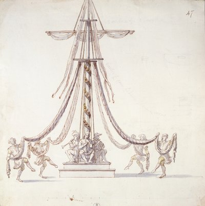 مجموعة تصميم للباليه مع البحارة يرقصون حول الصاري ، من مجموعة بعنوان Les Menus Plaisirs du Roi (مرحاض وقلم وحبر على ورق) بواسطة المدرسة الفرنسية