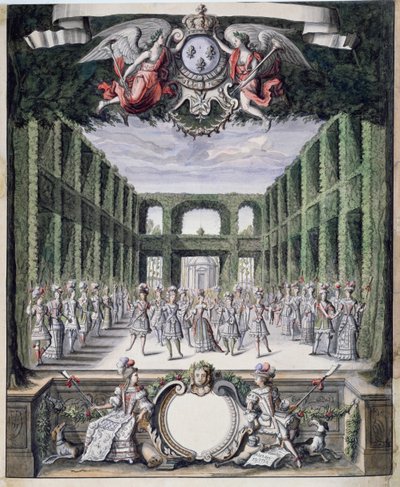 تعيين تصميم لباليه مجهول الهوية في حديقة ، مأخوذ من مجموعة بعنوان Menus Plaisirs du Roi (قلم وحبر ومرحاض على ورق) بواسطة المدرسة الفرنسية