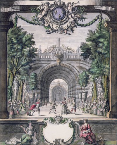 مجموعة تصميم لباليه غير معروف ، مأخوذ من مجموعة بعنوان Menus Plaisirs du Roi (قلم وحبر ومرحاض على ورق) بواسطة المدرسة الفرنسية
