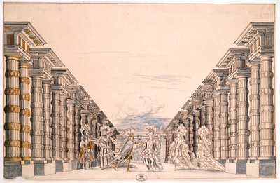تعيين تصميم لمسرحية غير محددة ، مأخوذة من مجموعة بعنوان Menus Plaisirs du Roi (قلم وحبر وألوان مائية على ورق) بواسطة المدرسة الفرنسية