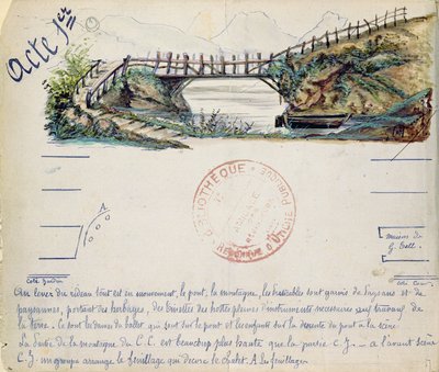 تعيين تصميم للقانون الأول للأوبرا ويليام تيل بواسطة جياكينو روسيني (1792-1868) الذي تم إجراؤه في 3 أغسطس 1829 في أوبرا باريس (مرحاض على الورق) بواسطة المدرسة الفرنسية