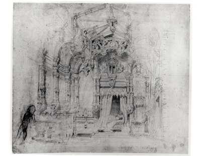 تعيين التصميم لأول إنتاج لـ Angelo ، tyran de Padoue بواسطة Victor Hugo (1802-85) ، 1835 (قلم وحبر على ورق) بواسطة المدرسة الفرنسية