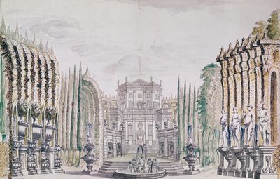 تعيين تصميم قصر للمسرح ، 1660-80 (قلم وحبر ومرحاض على ورق) بواسطة المدرسة الفرنسية