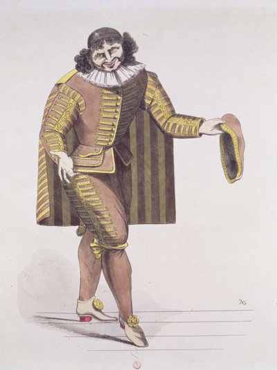 Sganarelle in LEcole des Maris من Moliere ، عرض لأول مرة في 24 يونيو 1661 في مسرح القصر الملكي ، باريس (قلم وحبر ومرحاض على الورق) بواسطة المدرسة الفرنسية