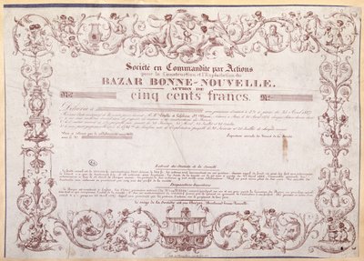 شهادة أسهم بقيمة 500 فرنك للبازار بوني نوفيل 1836 بواسطة المدرسة الفرنسية