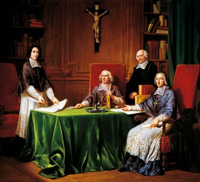Signing Articles of Issy conference held in 1697 between Jacques Benigne Bossuet (Bishop of Meaux), Louis-Antoine Noailles (Bishop of Chalons) Francois Fenelon (Archbishop of Cambrai) بواسطة المدرسة الفرنسية