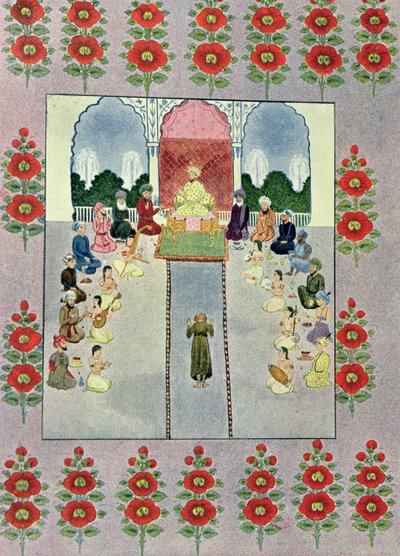 سندباد بحار يستقبل سندباد العتال ، رسم توضيحي لسندباد بحار ، من الليالي العربية ، 1895 (نقش ملون) بواسطة المدرسة الفرنسية